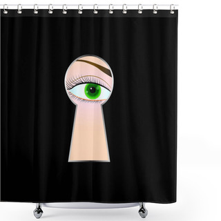 Personality  Female Eye Looking Through A Keyhole, Black Background. Vector Illustration Shower Curtains