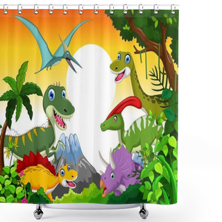 Personality  Dinosaur Cartoon With Landscape Mount Backgroun For You Design Shower Curtains