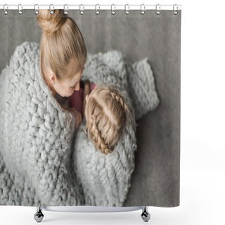 Personality  Overhead View Of Mother And Daughter Hugging And Sitting On Floor With Wool Knitted Blanket Shower Curtains