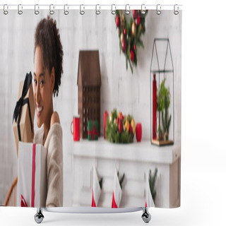 Personality  African American Woman Holding Christmas Gifts Near Decorated Fireplace At Home, Banner  Shower Curtains