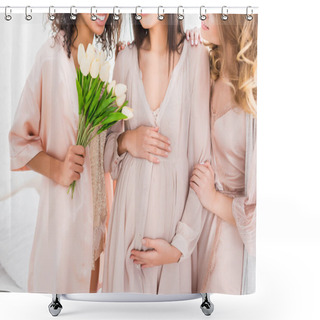 Personality  Cropped View Of Young Pregnant Woman With Girlfriends And Tulip Flowers On Baby Shower  Shower Curtains