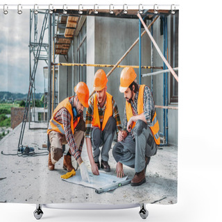 Personality  Close-up Shot Of Group Of Happy Builders Having Conversation About Building Plan Shower Curtains