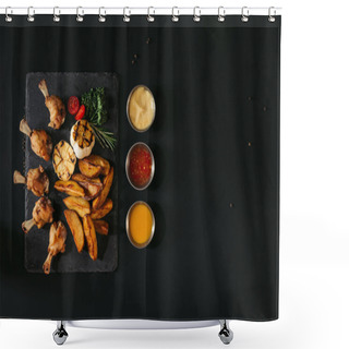 Personality  Top View Of Tasty Baked Potatoes With Grilled Garlic And Chicken, Herbs And Sauces On Black Shower Curtains