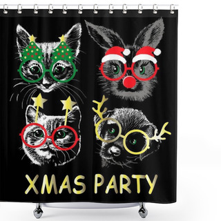 Personality   Kitten, Cat, Bunny And Puppy Faces With Glasses With Santa Hat, Christmas Tree And Antlers Of Deer. Christmas Vector Illustration. Shower Curtains