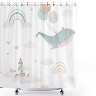 Personality  Beautiful Children Seamless Pattern Contain Cute Hand Drawn Watercolor Flying Whales With Air Balloons Lighthouses Clouds And Rainbows. Stock Illustration. Shower Curtains