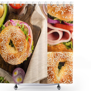 Personality  Collage Of Fresh Delicious Bagel With Sausage And Vegetables On Wooden Cutting Board Shower Curtains