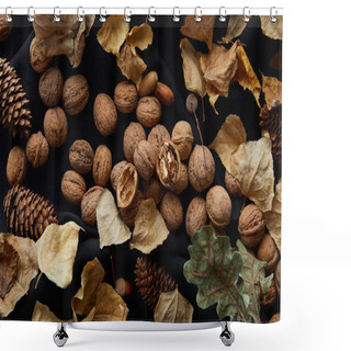 Personality  Top View Of Nuts, Cones And Dry Foliage On Black Cloth Shower Curtains