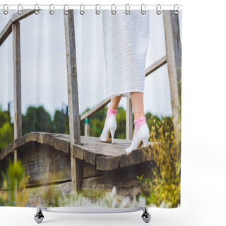 Personality  Cropped Shot Of Woman In White Dress Walking On Wooden Footbridge  Shower Curtains