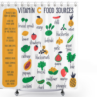 Personality  Vitamin C Food Sources. Vector Cartoon Illustration And Information About Health Benefits Of Vitamin C. Infographic Poster. Shower Curtains