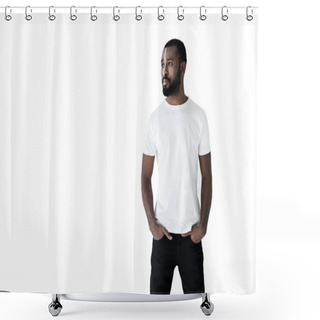 Personality  Handsome Stylish African American Man With White Stripe On Face Looking Away Isolated On White Shower Curtains