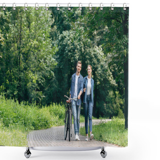 Personality  Happy Young Couple Walking By Park With Vintage Bicycle Shower Curtains