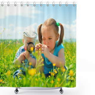 Personality  Children Are Playing On Green Meadow Shower Curtains