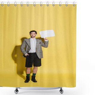 Personality  Full Length Of Trendy Model In Shorts And Jacket Holding Speech Bubble On Yellow Background  Shower Curtains