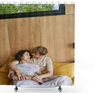 Personality  Redhead Man Cuddling With Pretty Asian Woman And Lying On Bed In Country House, Tender Moments Shower Curtains