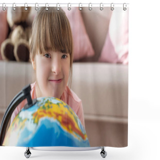 Personality  Kid With Down Syndrome Looking At Camera Over Globe Shower Curtains