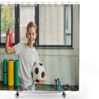 Personality  Cute Cheerful Preadolescent Boy In Sportswear Holding Golden Medal And Football, Child Sport Shower Curtains