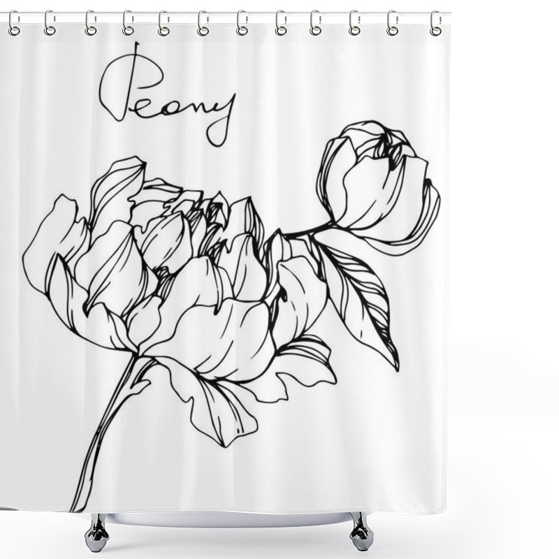 Personality  Vector Isolated Monochrome Peony Flowers Sketch And Handwritten Lettering On White Background. Engraved Ink Art.  Shower Curtains