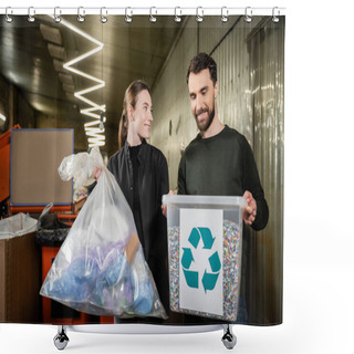 Personality  Smiling Volunteer Holding Trash Bag Near Man With Bin And Recycle Sign In Blurred Waste Disposal Station At Background, Garbage Sorting And Recycling Concept Shower Curtains