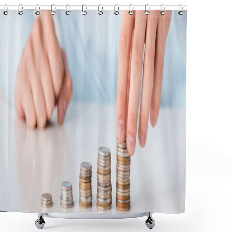 Personality  Panoramic Shot Of Man Touching Stack Of Coins Isolated On White  Shower Curtains
