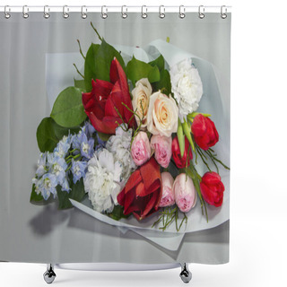 Personality  Beautiful Summer Bouquet In Bright Colors, Grey Backdrop, Selective Focus Shower Curtains