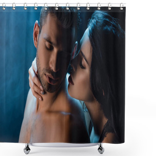 Personality  Brunette Woman Whispering To Shirtless Man On Black Background With Smoke  Shower Curtains