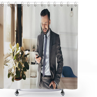 Personality  Businessman Using Smartphone At Office Shower Curtains