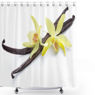 Personality  Dried Vanilla Fruits And Orchid Vanilla Flower Isolated On White Background. Shower Curtains