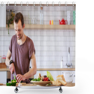 Personality  Photo Of Brunet Cooking Vegetables On Table Shower Curtains