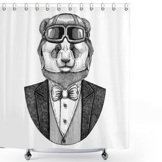 Personality  Panda Bear, Bamboo Bear Animal Wearing Aviator Helmet And Jacket With Bow Tie Flying Club Hand Drawn Illustration For Tattoo, T-shirt, Emblem, Logo, Badge, Patch Shower Curtains