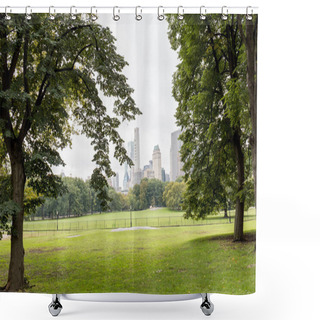 Personality  Urban Scene With Trees In City Park And Skyscrapers In New York, Usa Shower Curtains