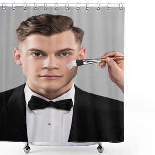 Personality  Partial View Of Cosmetologist Applying Face Cream And Man In Formal Wear Isolated On Grey Shower Curtains