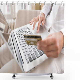 Personality  Close-up Woman's Hands Holding A Credit Card And Using Computer Shower Curtains