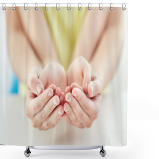 Personality  Close Up Of Woman And Girl With Cupped Hands Shower Curtains