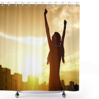 Personality  Happy Successful Sportswoman Raising Arms Shower Curtains