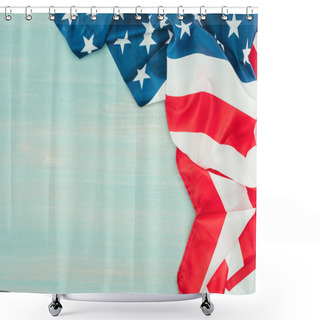 Personality  Close Up View Of Folded American Flag On Blue Wooden Tabletop, Presidents Day Concept Shower Curtains