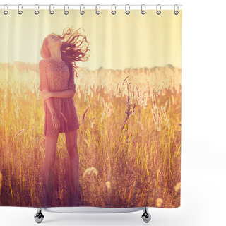 Personality  Beauty Girl Outdoor. Teenage Model Girl Posing In Sun Light Shower Curtains