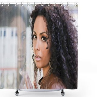 Personality  Young Black Woman, Afro Hairstyle, In Urban Background Shower Curtains