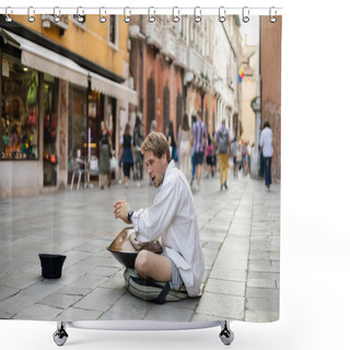 Personality  VENICE, ITALY - MAY 22, 2022: Street Musician Performing Hand Drum On Urban Street  Shower Curtains