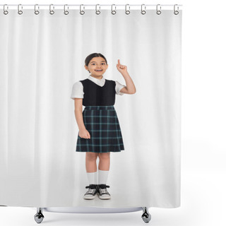Personality  Full Length, Positive Schoolkid In Uniform Pointing Up And Looking At Camera On White, Girl In Skirt Shower Curtains