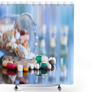 Personality  Colorful Tablets With Capsules And Pills On Blue Background Shower Curtains