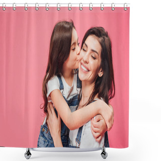 Personality  Daughter Kissing Happy Mother Isolated On Pink  Shower Curtains