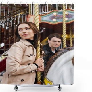 Personality  Pretty Young Woman In Trench Coat Riding Carousel Horse Near Blurred Boyfriend Shower Curtains