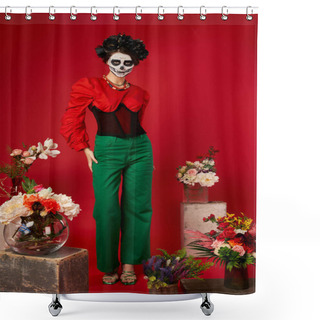 Personality  Woman In Sugar Skull Makeup Near Traditional Dia De Los Muertos Ofrenda With Bright Flowers On Red Shower Curtains