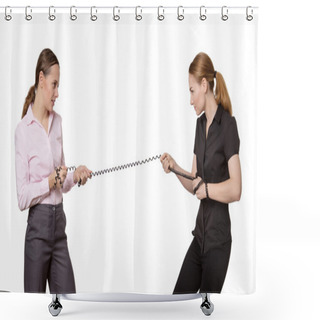 Personality  Two Woman Pulling On A Telephone Wire Shower Curtains