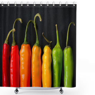 Personality  Vibrant Colors On Peppers On Black Slate Bacground Shower Curtains