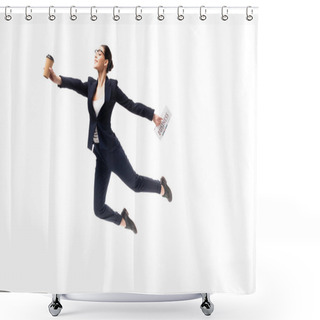 Personality  Beautiful Businesswoman Holding Newspaper And Paper Cup While Levitating Isolated On White Shower Curtains