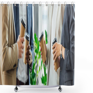 Personality  Panoramic Shot Of Four Multiethnic Colleagues Holding Disposable Cups Of Coffee In Office Shower Curtains