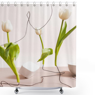Personality  Selective Focus Of Creative Floral Composition With Tulips On Wires, Cup And Square Cube Isolated On Beige Shower Curtains