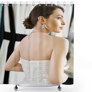 Personality  A Young Brunette Bride In A White Wedding Dress Admiring Her Reflection In A Mirror At A Wedding Salon. Shower Curtains