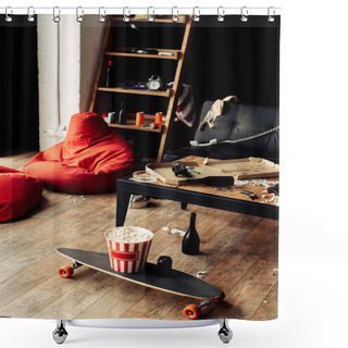 Personality  Skateboard With Popcorn Box Near Coffee Table In Messy Living Room Shower Curtains